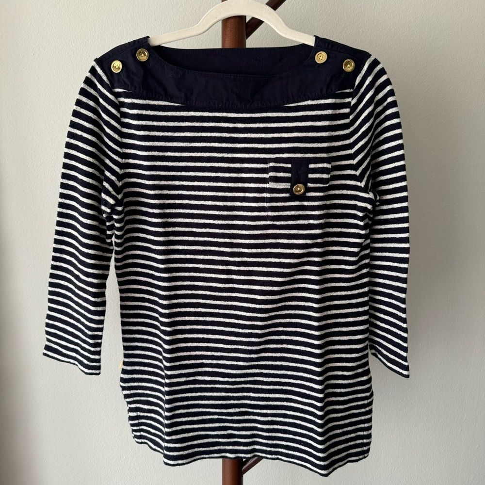 Tory Burch Navy Blue and White Striped Boat Neck Top 3/4 Sleeve - Picture 1 of 14